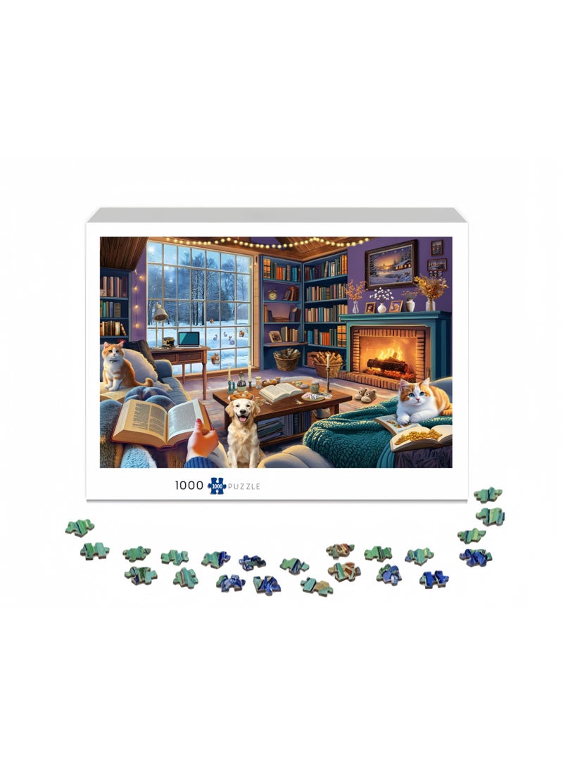 1000 Piece Puzzles, Comfortable House Dog Cat Book Theme, Winter House Kitten Challenge Puzzle - Image 2