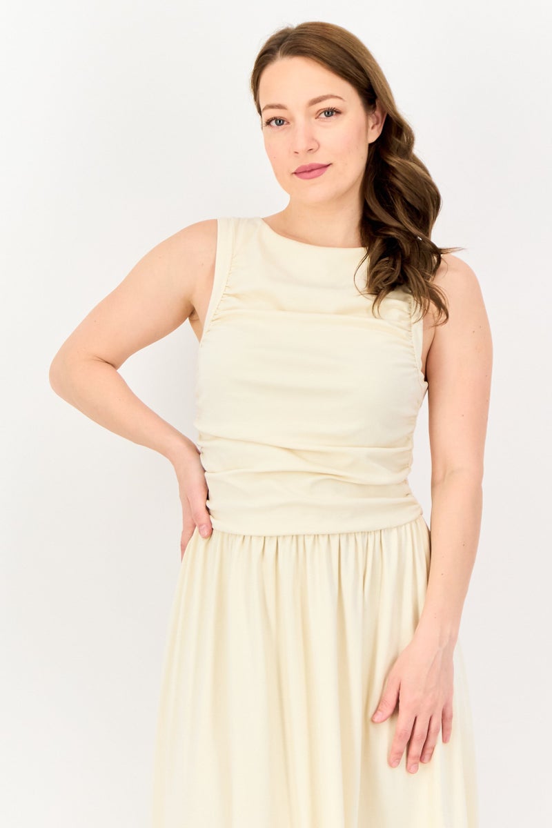 bebe فستان ماكسي نسائي سادة، كريمي - Image 3