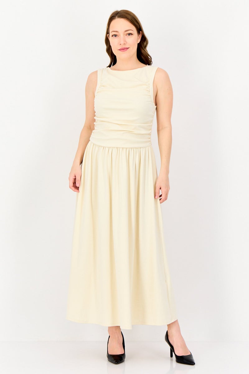 bebe فستان ماكسي نسائي سادة، كريمي - Image 1