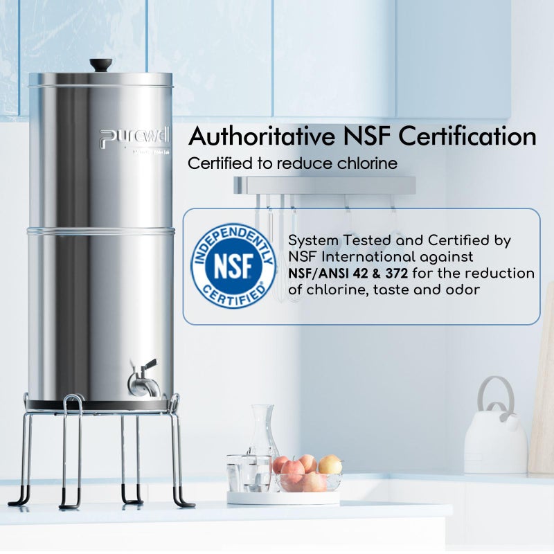 Purewell 3-Stage 0.01Î¼m Ultra-Filtration Gravity Water Filter System, NSF/ANSI 42&372 Certification, 304 Stainless Steel Countertop System with 2 Filters and Stand, Reduce 99% Chlorine, 2.25G, PW-OB - Image 3