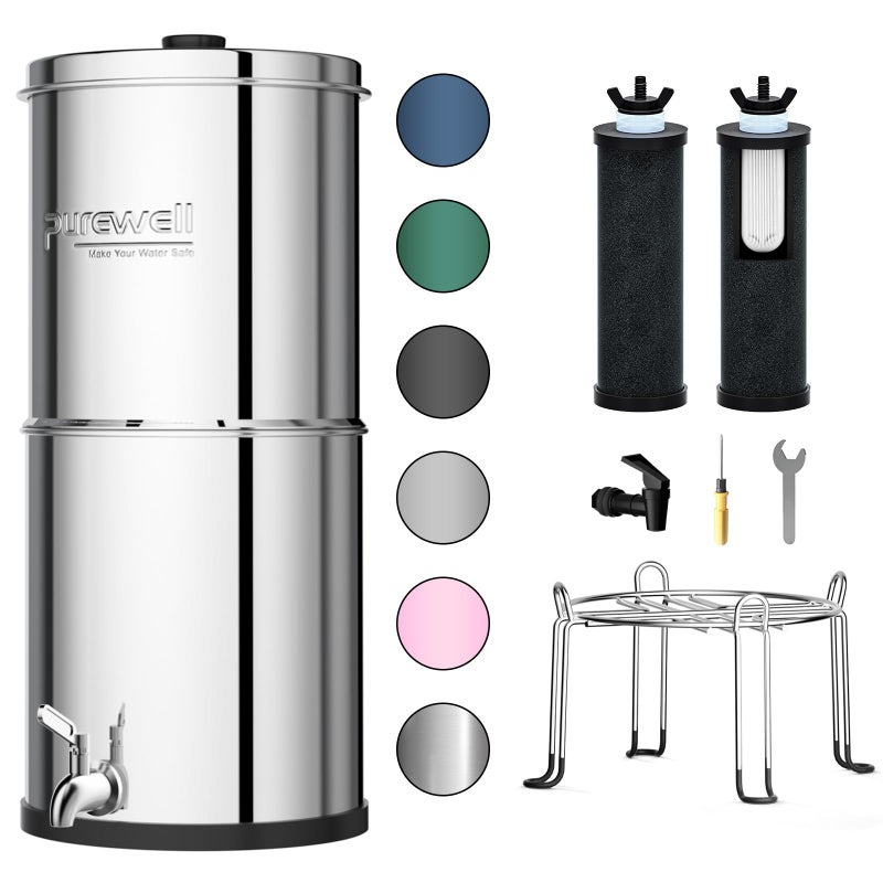 Purewell 3-Stage 0.01Î¼m Ultra-Filtration Gravity Water Filter System, NSF/ANSI 42&372 Certification, 304 Stainless Steel Countertop System with 2 Filters and Stand, Reduce 99% Chlorine, 2.25G, PW-OB - Image 1