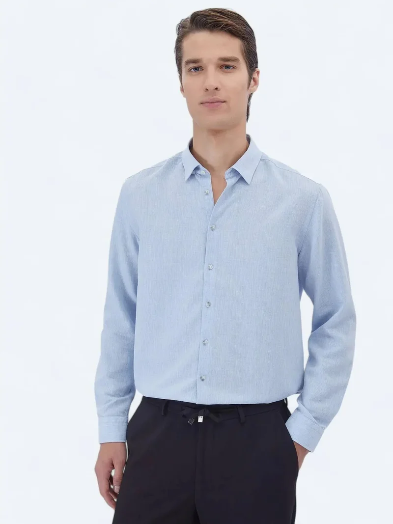 كيب قميص قطني سادة أزرق بقصة عادية