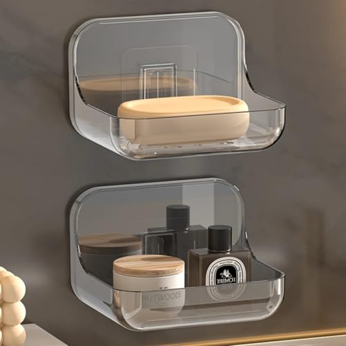 Leawall Self-Adhesive Transparent Soap Holder for BathroomSoap Holder Wall-Mounted, Self-Draining Soap Case, bathroom organiser without drill & Bathroom Organizer Accessories Set (Pack of 2) - Image 1