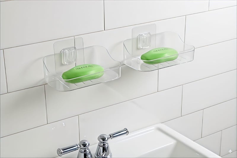 Leawall Self-Adhesive Transparent Soap Holder for BathroomSoap Holder Wall-Mounted, Self-Draining Soap Case, bathroom organiser without drill & Bathroom Organizer Accessories Set (Pack of 2) - Image 5