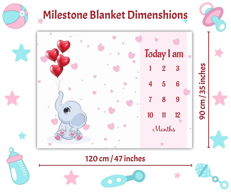 Hoolloomooloo Hoolloomooloo Baby Monthly Milestone Blanket | Elephant Balloon Design | 1-12 Months | Soft Blanket | Includes Golden Ring & 15 Milestone Cards | Growth Tracker & Photoshoot Prop | 120x90 cm  - Image 3