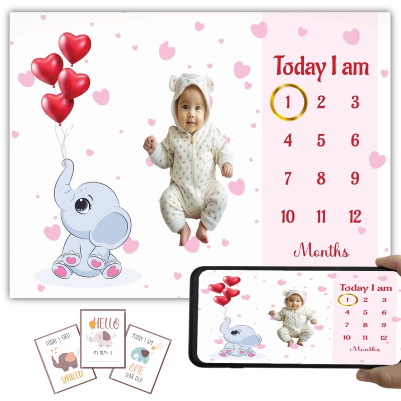 Hoolloomooloo Hoolloomooloo Baby Monthly Milestone Blanket | Elephant Balloon Design | 1-12 Months | Soft Blanket | Includes Golden Ring & 15 Milestone Cards | Growth Tracker & Photoshoot Prop | 120x90 cm  - Image 1