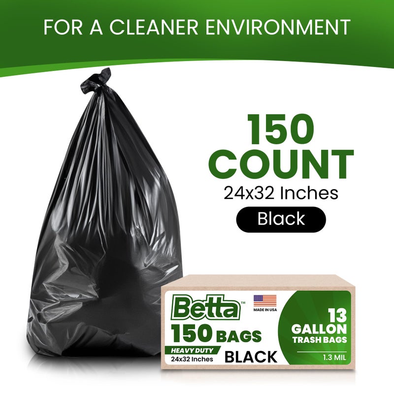 Betta 13 Gallon Black Trash Bags, 150 Count Box, (24x32-inch) Commercial Heavy-Duty Garbage Can Liners for 10-13 Gallon Round Cans, 8-12 Gallon Slim and Square Cans - Image 2