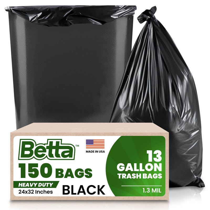 Betta 13 Gallon Black Trash Bags, 150 Count Box, (24x32-inch) Commercial Heavy-Duty Garbage Can Liners for 10-13 Gallon Round Cans, 8-12 Gallon Slim and Square Cans - Image 1