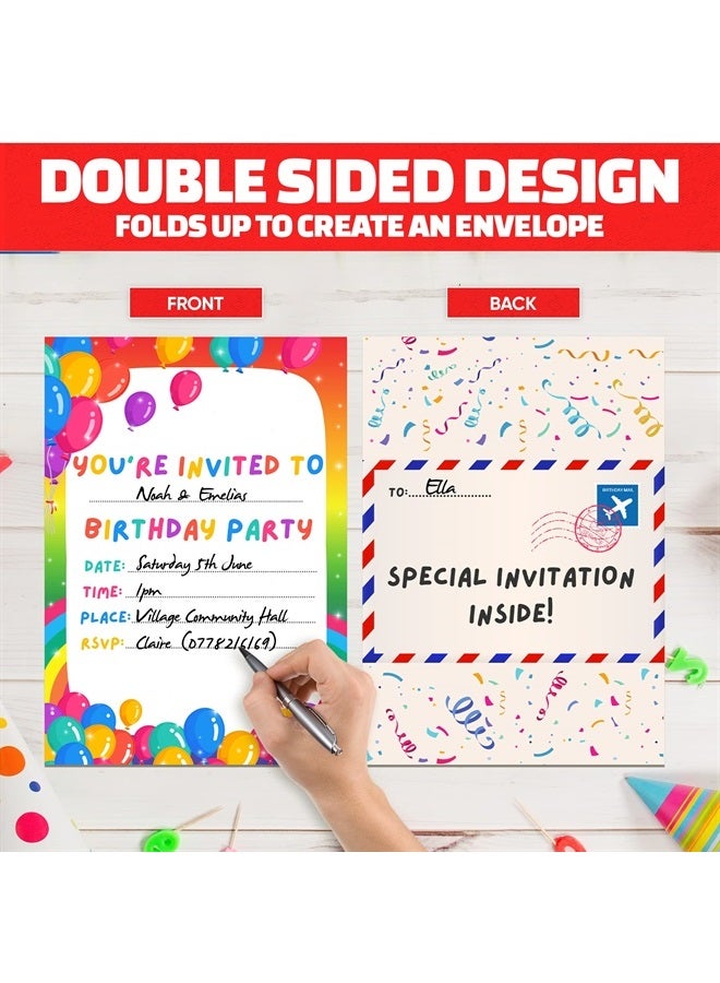 BestaFiesta 36 Kids Childrens Birthday Party Invitations with Folding Envelope Design and Holographic Stickers (Blue)  - Image 1