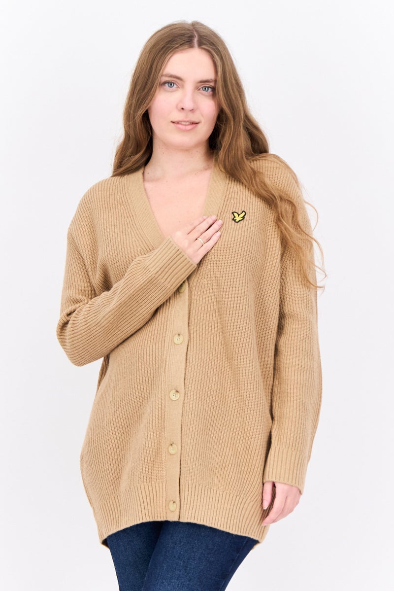 Lyle & Scott Women V-Neck Brand Logo Cardigan, Warm Tan  - Image 1