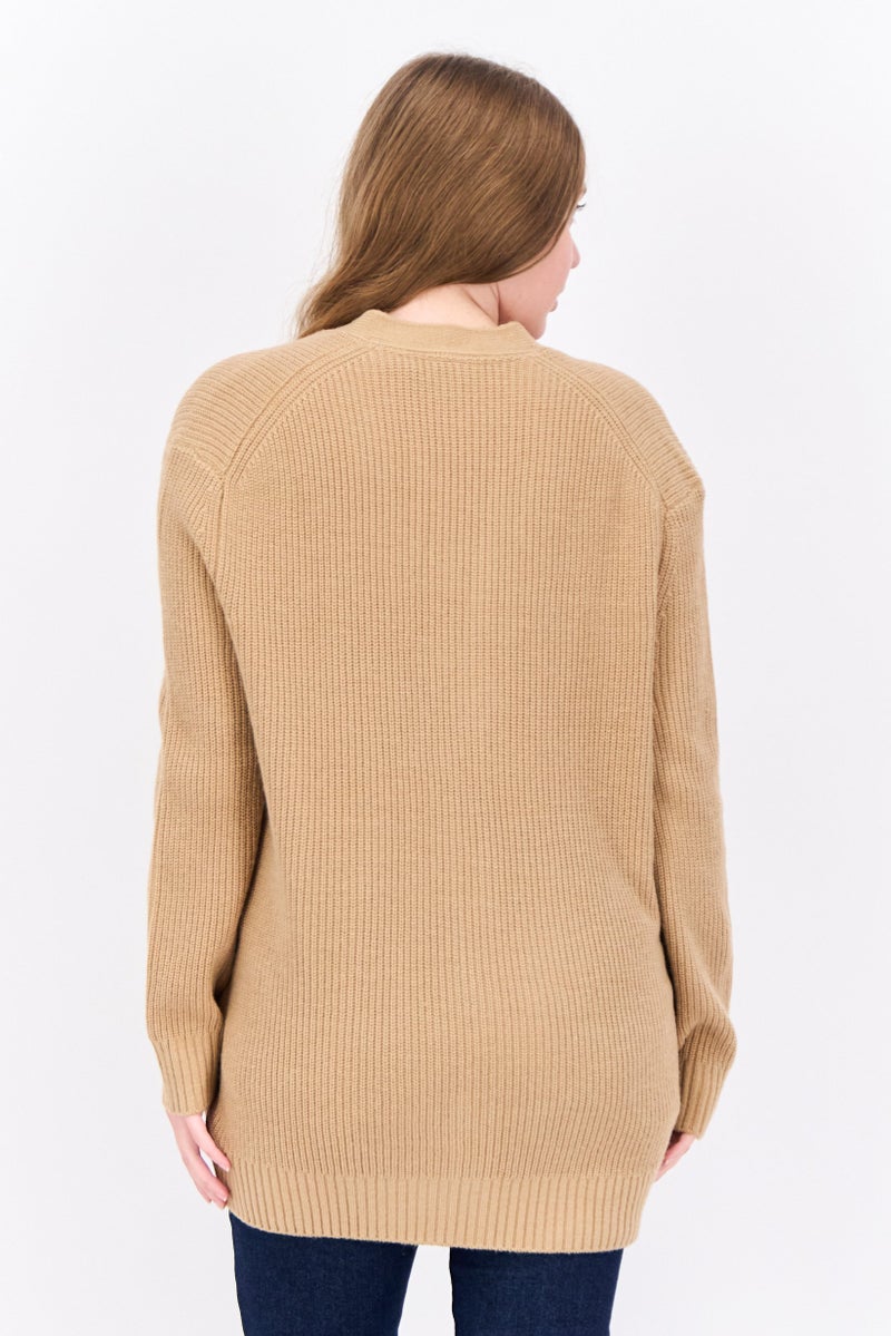 Lyle & Scott Women V-Neck Brand Logo Cardigan, Warm Tan  - Image 3