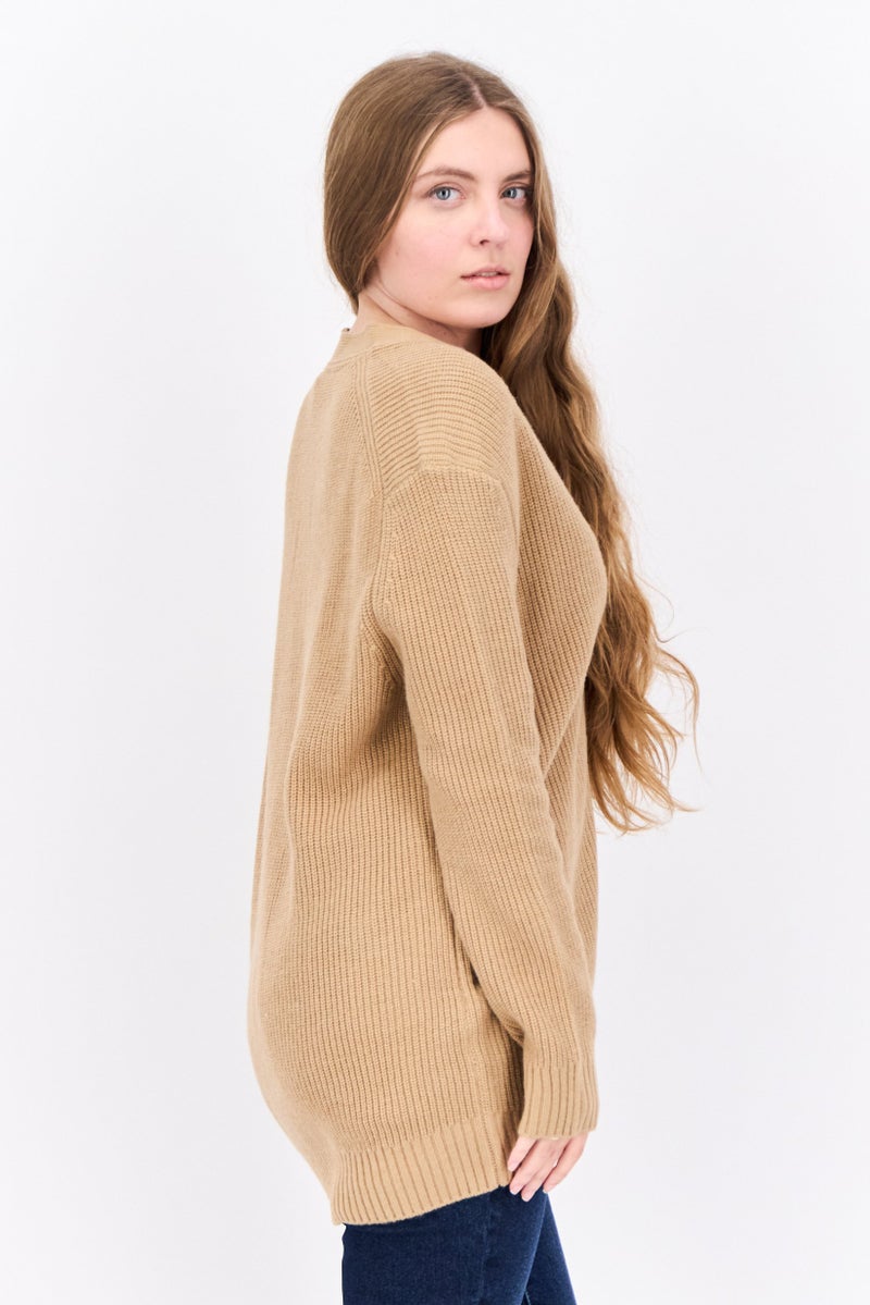 Lyle & Scott Women V-Neck Brand Logo Cardigan, Warm Tan  - Image 2