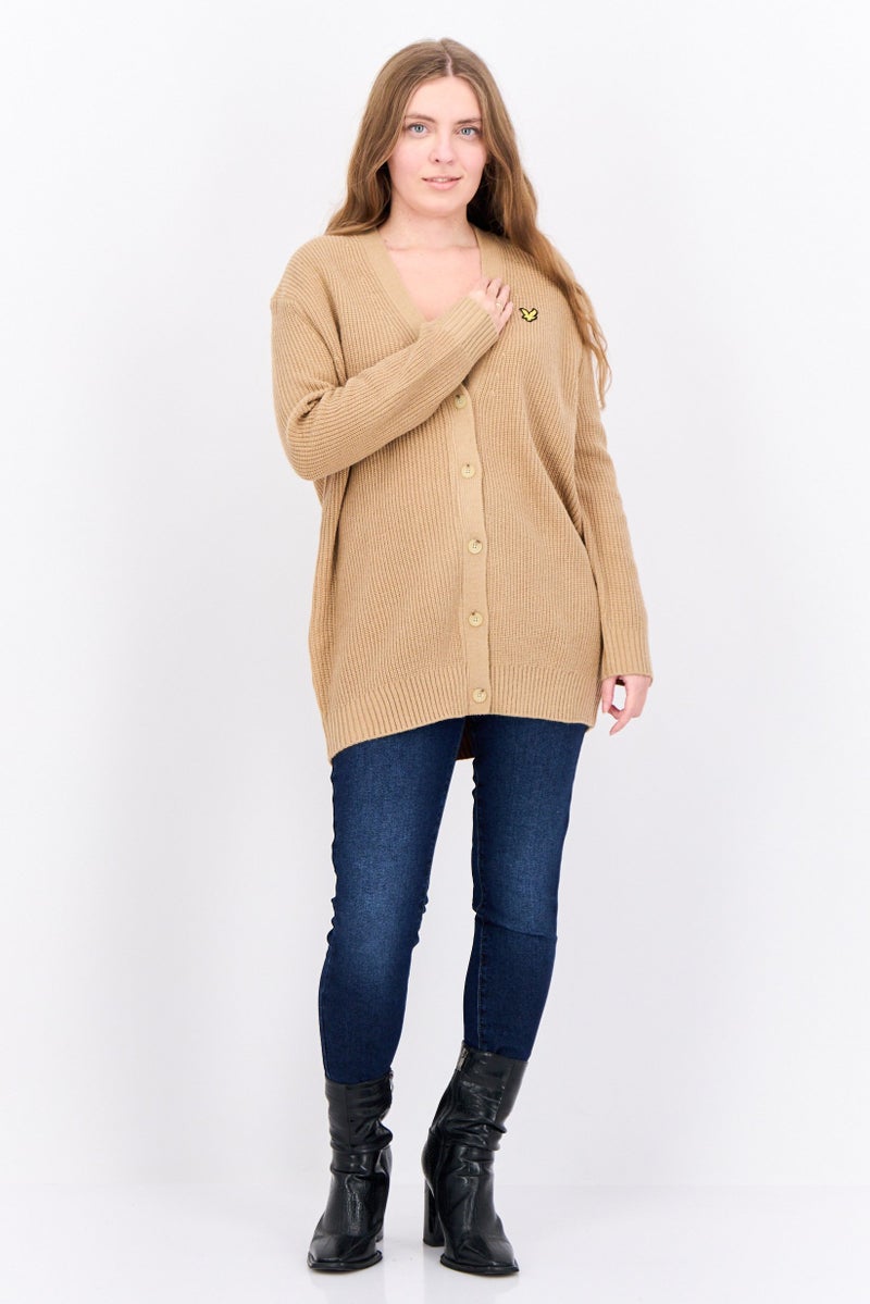 Lyle & Scott Women V-Neck Brand Logo Cardigan, Warm Tan  - Image 4