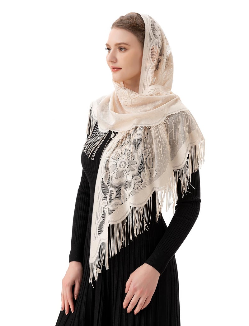 PAMOR Triangle Catholic Church Veil Chapel Veil Scarf Mantilla Veils Wrap Shawl Mass Head Covering with Fringe Trim (Ivory) - Image 3