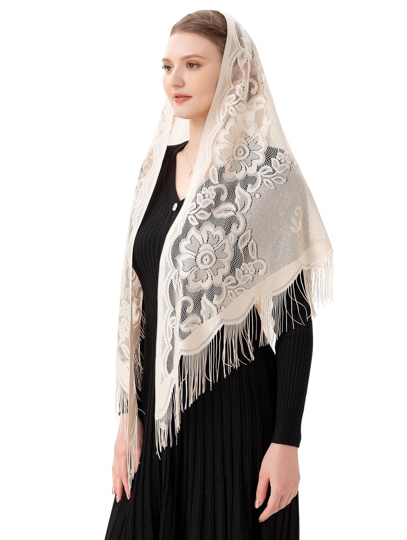 PAMOR Triangle Catholic Church Veil Chapel Veil Scarf Mantilla Veils Wrap Shawl Mass Head Covering with Fringe Trim (Ivory) - Image 2