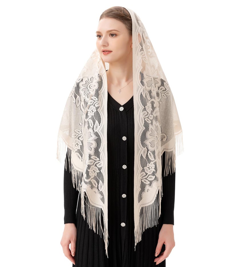 PAMOR Triangle Catholic Church Veil Chapel Veil Scarf Mantilla Veils Wrap Shawl Mass Head Covering with Fringe Trim (Ivory) - Image 1