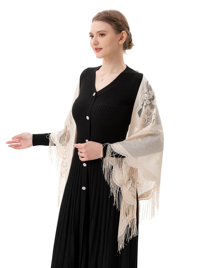 PAMOR Triangle Catholic Church Veil Chapel Veil Scarf Mantilla Veils Wrap Shawl Mass Head Covering with Fringe Trim (Ivory) - Image 5
