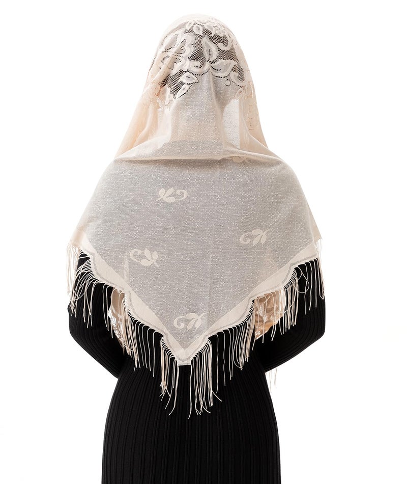 PAMOR Triangle Catholic Church Veil Chapel Veil Scarf Mantilla Veils Wrap Shawl Mass Head Covering with Fringe Trim (Ivory) - Image 4