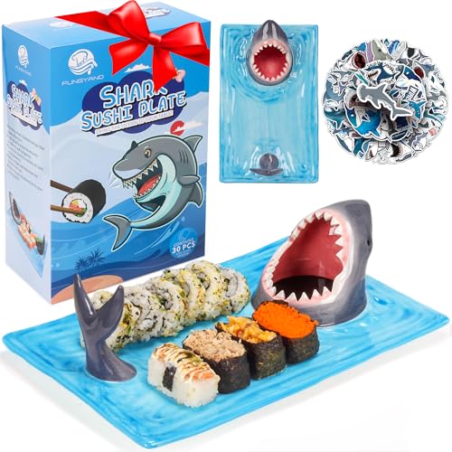 FUNGYAND Shark Sushi Plate – Hand-Painted Ceramic, Lead-Free & Food-Safe, 3-in-1 Multi-Functional Design, Includes 40 Shark Sticks, Microwave/Oven/Freezer/Dishwasher Safe – Ideal for Sushi Lovers - Image 1