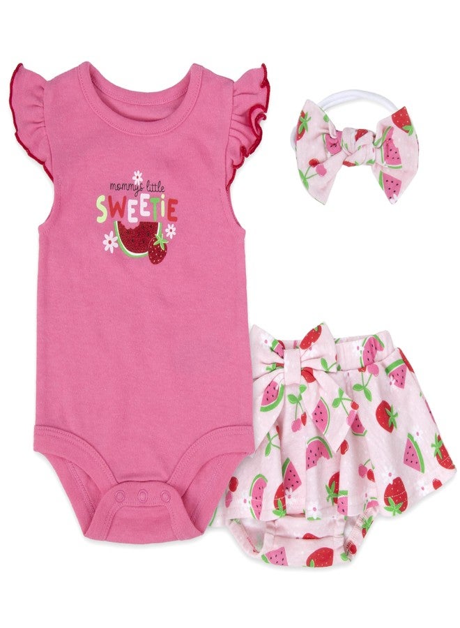 Baby Essentials Baby Girl Strawberry Watermelon Outfit – “Mommy's Little Sweetie” 3 Piece Set with Bodysuit, Bloomers & Headband – Pink Summer Infant Clothes Gift Set (3 months) - Image 1