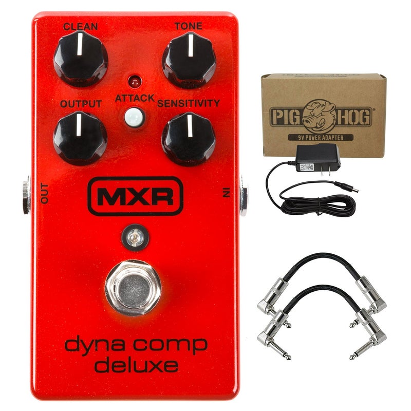 Dunlop M228 MXR Dyna Comp Deluxe Compressor Guitar Effect Pedal - Red with 9v AC Power Adapter and R-Angle Patch Cable