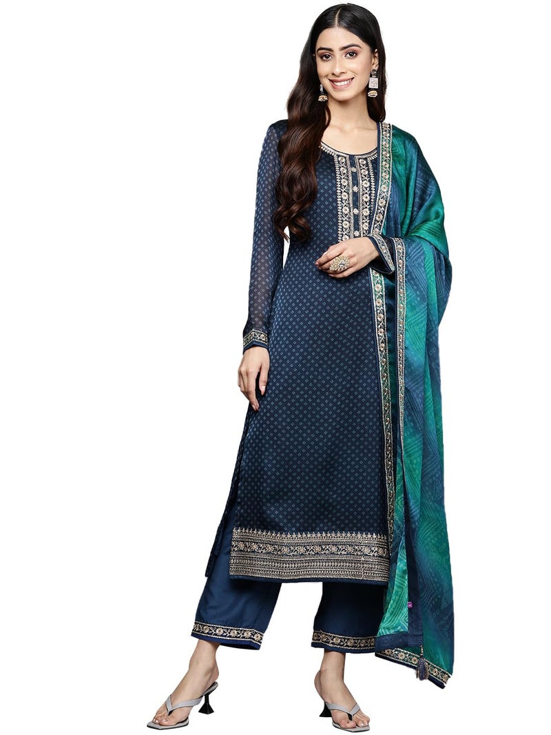 Libas Womens Printed Chiffon Straight Kurta With Trousers and Dupatta - Image 1