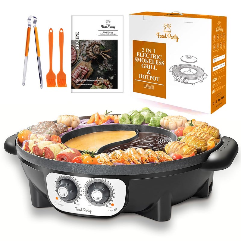 Food Party Food Party Hot Pot with Grill 2 in 1 Electric Smokeless Grill and Hotpot Pot Combo Korean BBQ Grill 110V 1700W 