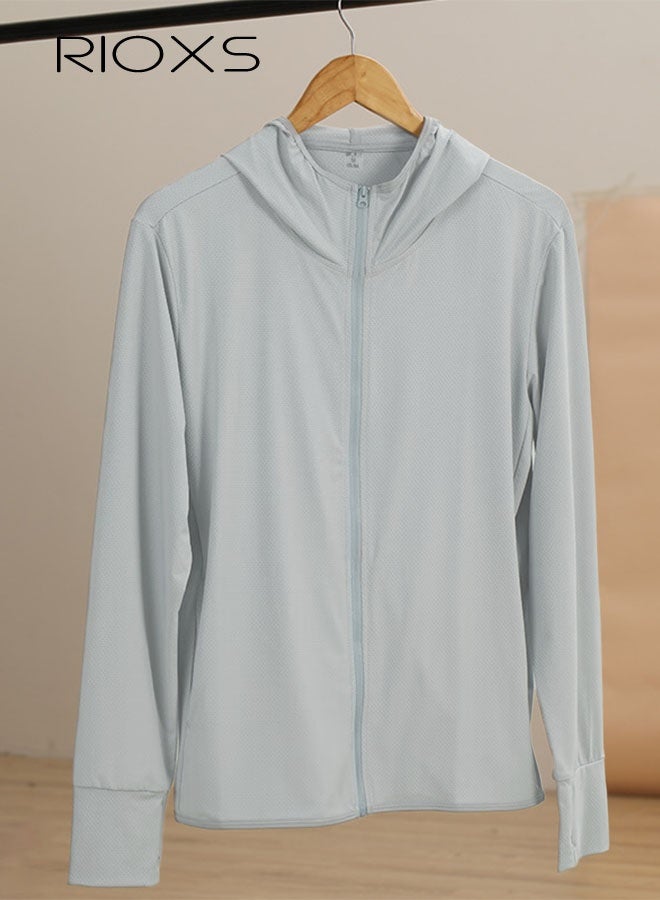 Men's UPF 50+ Sun Protection Hoodie Jacket, Long Sleeve Lightweight Outdoor Full Zip Jacket, Comfy Breathable Rash Guard Shirts with Thumbholes, Quick Dry Summer UV Jacket with Pockets, Suitable for Daily Wear, Sports Training, Running, Hiking, Fishing, Climbing or Other Outdoor Activities, Grey