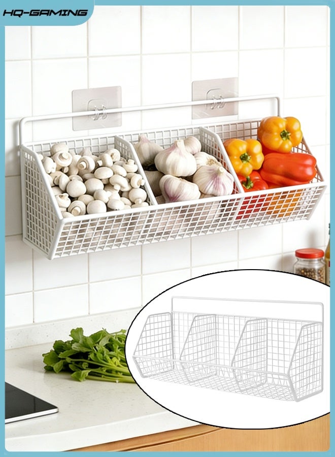 إتش كيو جيمنغ سلة تخزين المطبخ المثبتة على الحائط، منظم رف التوابل، أرفف مخزن للتخزين، سلال معلقة على الحائط للمطبخ، الحمام، سلال خضروات الفاكهة ذات الأسلاك المعدنية، ثلاث شبكات (أبيض) - Image 1