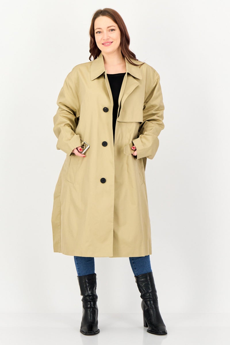 SELECTED Women Regular Fit Plain Trench Coat, Taupe - Image 1