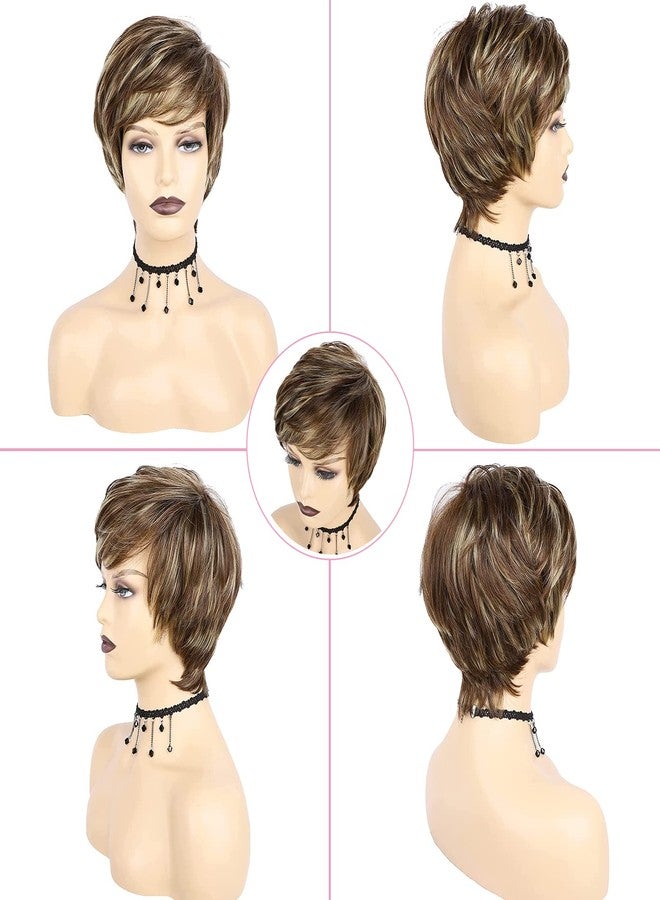 TISHINING Pixie Cut Brown Short Hair Wigs for White Women with Bangs Brown Mixed Blonde Highlights Layered Natural Looking Synthetic Hair Replacement Wigs for Daily Party Use - Image 2