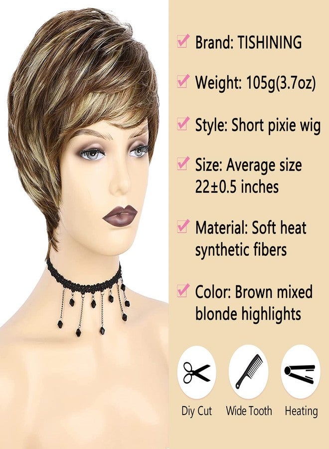 TISHINING Pixie Cut Brown Short Hair Wigs for White Women with Bangs Brown Mixed Blonde Highlights Layered Natural Looking Synthetic Hair Replacement Wigs for Daily Party Use - Image 3