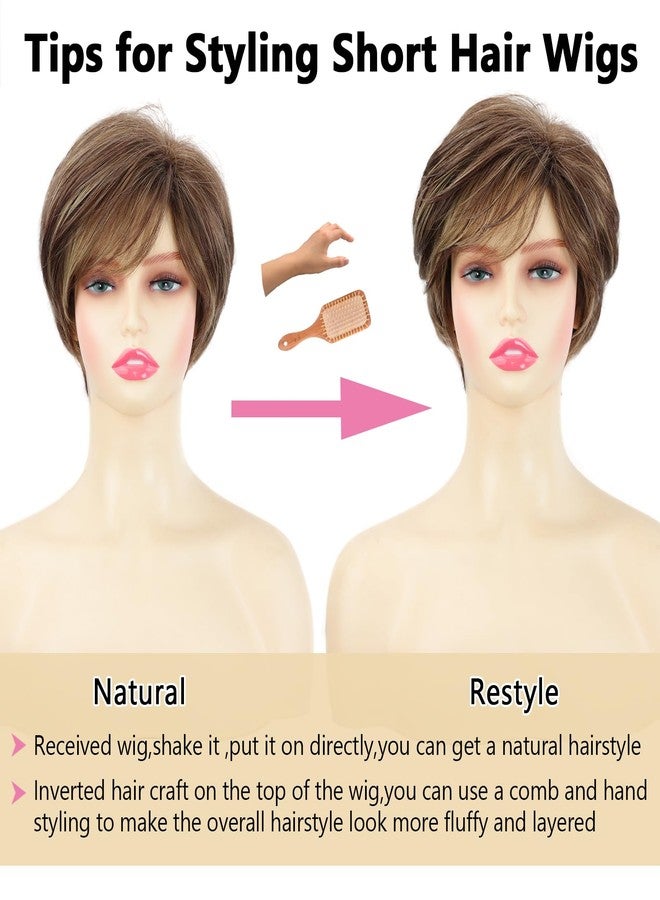 TISHINING Pixie Cut Brown Short Hair Wigs for White Women with Bangs Brown Mixed Blonde Highlights Layered Natural Looking Synthetic Hair Replacement Wigs for Daily Party Use - Image 5