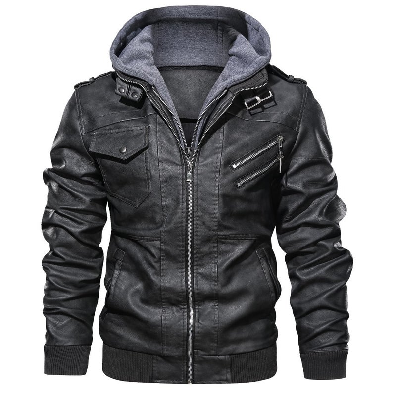 Men's Vintage PU Leather Biker Jacket with Detachable Hood Zip Front - Image 1
