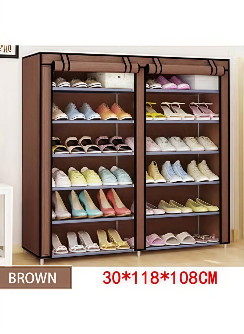 BLOOMING TIME - Double-Row 12-Layer Non-Woven Shoe Rack Storage Rack, Simple Installation, Brown - Image 1