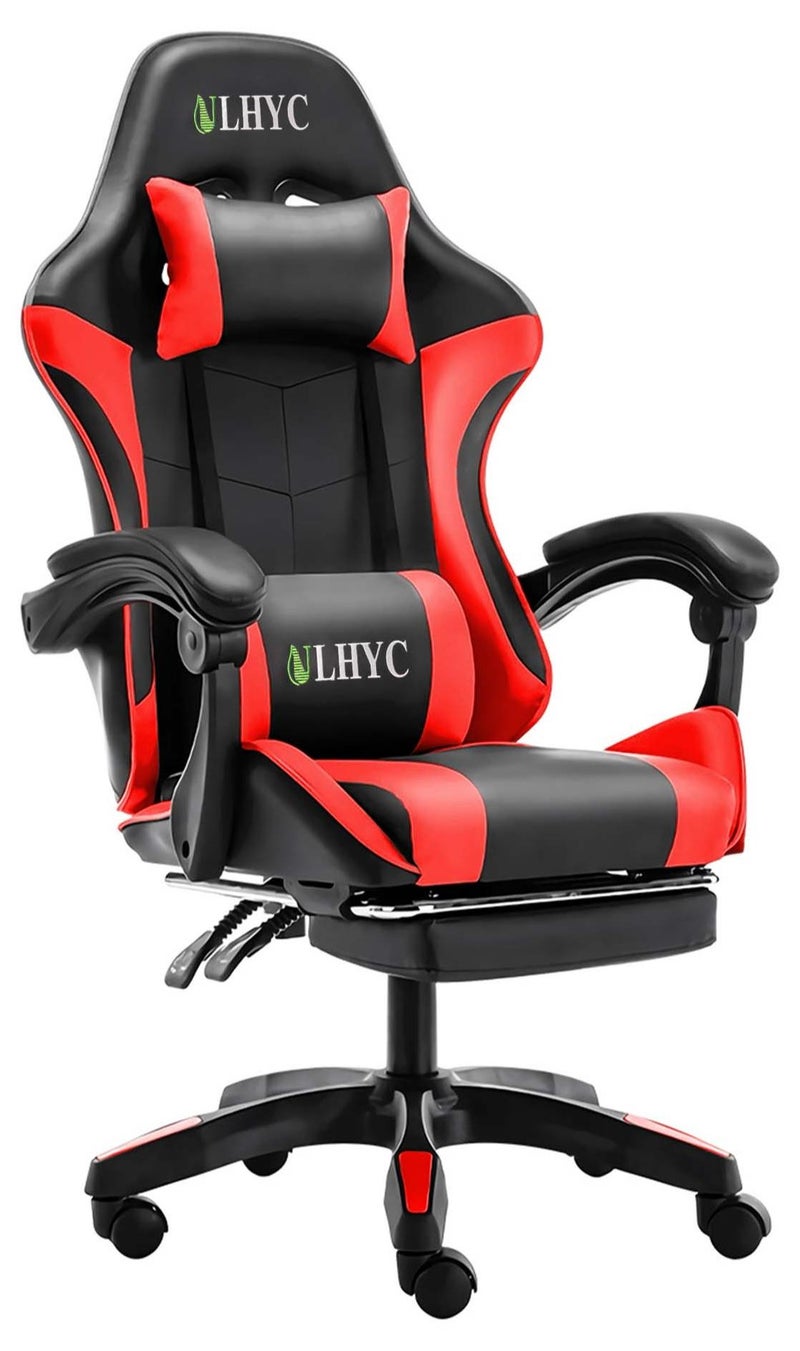 ULHYC Esports Gaming Chair, Adjustable Computer Chair, Computer Office, PU Leather, High Backrest, Lumbar Support, Comfortable Armrests, Headrest With Footrest, Black and Red 24.8x14.5x44.5 inch - Image 1