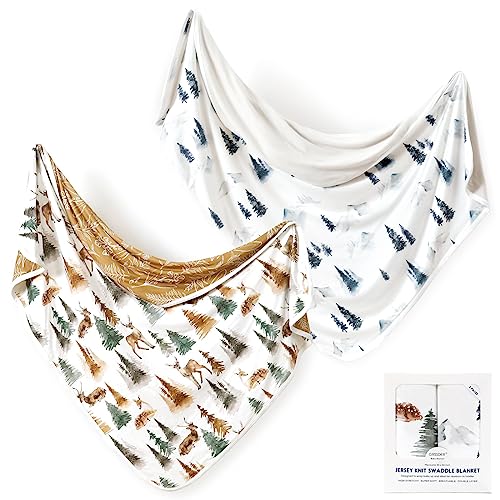 GRSSDER Baby Blankets Super Soft Stretchy Jersey Swaddle Blankets 2 Pack for Baby Boys Double Layer Reversible Receiving Blankets 34 x 44 Extra Large for Swaddling Deer Forest