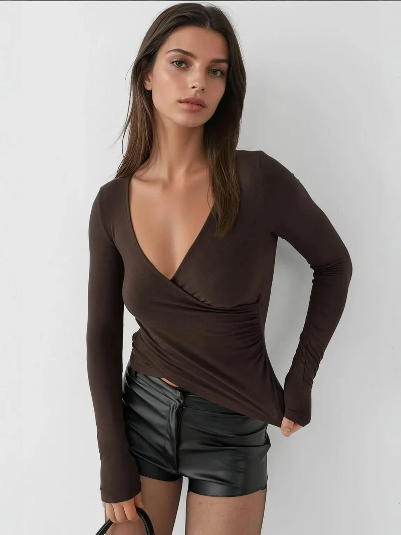 HICCUP Slim Fit Soft Touch V-Neck Long Sleeve Top