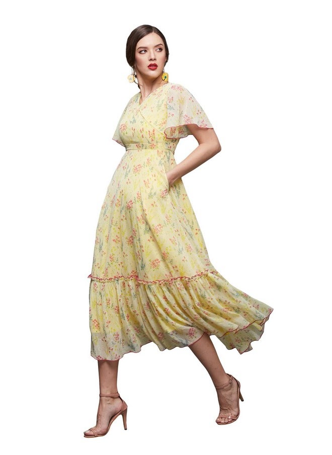 Miss Chase - Miss Chase Women's V Neck Flared Sleeve Floral Wrap Maxi Dress (MCAW21D06-14-164-07, Multicolored-Base-Yellow, XXL) - Image 1