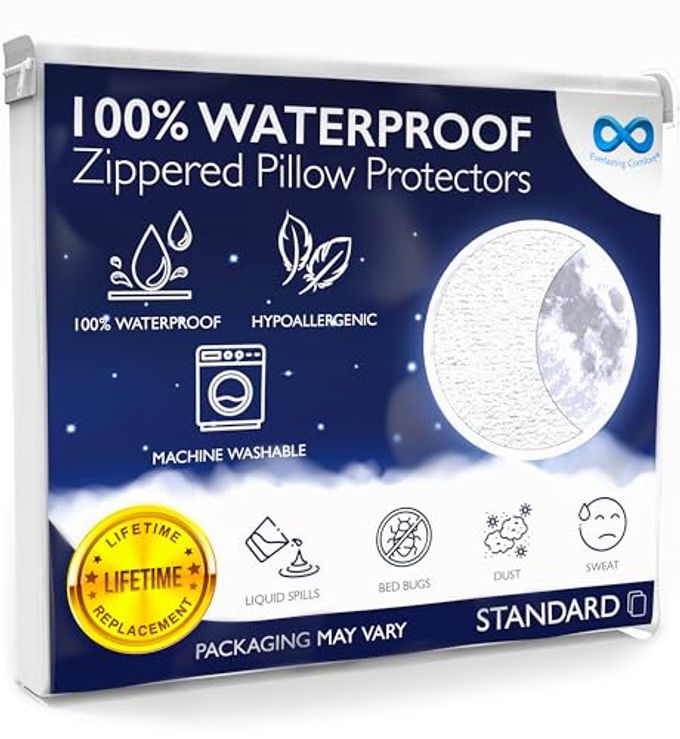 WATERPROOF PILLOW PROTECTOR STANDARD PACK OF 2 ZIPPERED HYPOALLERGENIC DUST MITE BED BUG PROOF ALLERGY PILLOW COVERS