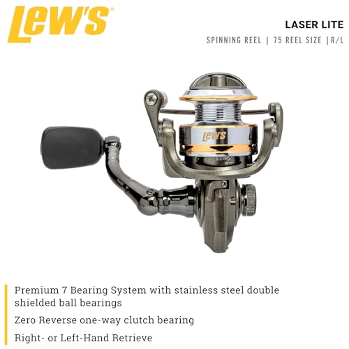 Lew's Lews Laser Lite Spinning Fishing Reel Size 75 Reel 61 Bearings 501 Gear Ratio Graphite Frame Reversible Retrieve Metallic GraySilverGold - Image 3
