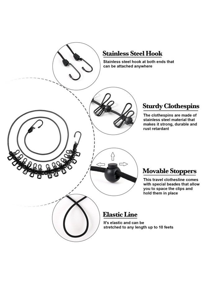 HAWATOUR HAWATOUR Travel Clothesline, Portable Retractable Clothesline with 12pcs Clothespins for Indoor Laundry Drying, Outdoor Camping Accessories, Black  - Image 2