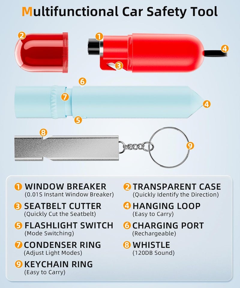 TICARVE Window Breaker Seatbelt Cutter Rechargeable Flashlights 120db+ Double Tubes Whistle Keychain Accessories Car Emergency Escape Tool Kits Portable Safety Rescue Essential Tools for Emergencies - Image 5