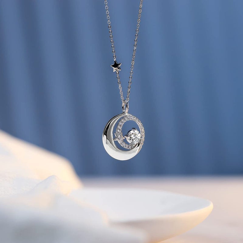FANCIME April Birthstone Necklace for Women 925 Sterling Silver Moon Star Pendant Simulated Diamond Cubic Zirconia CZ Jewelry Anniversary Birthday Gifts for Mom Daughter, 16"+2" - Image 3