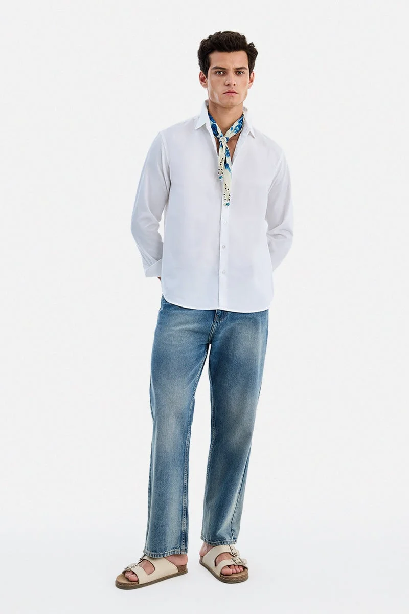 سنيتش White Solid Long Sleeve Regular Fit Shirt