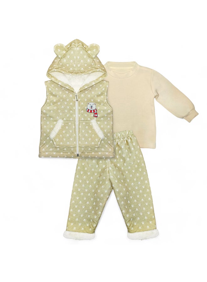 BabyShoora Three-piece baby set with fur inside, hood, pants + shirt + vest - Image 1