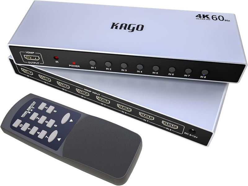 KAGO HDMI Switch 8 in 1 Out 4K@60Hz,8 Ports HDMI Splitter with Remote,HDMI Selector Switcher Box Hub HDR HDCP 3D, Aluminum Premium Quality, Compatible with PS5/4 Xbox Roku Fire Stick Apple TV - Image 1