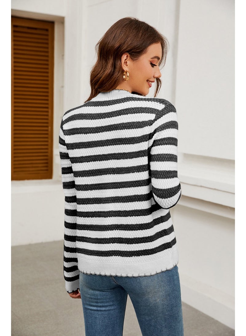 NIBEMINENT Autumn Long Sleeved Sweater Cardigan Women's Round Neck Pullover Casual Loose Striped Lazy Style Sweater Jacket - Image 2