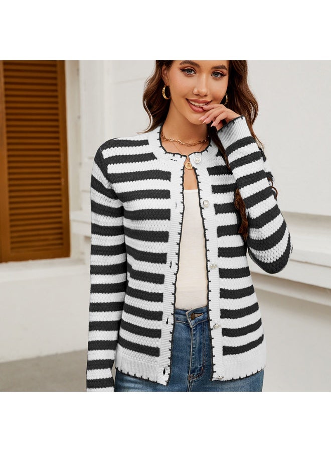 NIBEMINENT Autumn Long Sleeved Sweater Cardigan Women's Round Neck Pullover Casual Loose Striped Lazy Style Sweater Jacket - Image 1