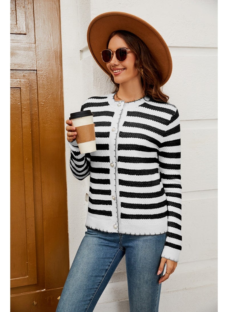 NIBEMINENT Autumn Long Sleeved Sweater Cardigan Women's Round Neck Pullover Casual Loose Striped Lazy Style Sweater Jacket - Image 3